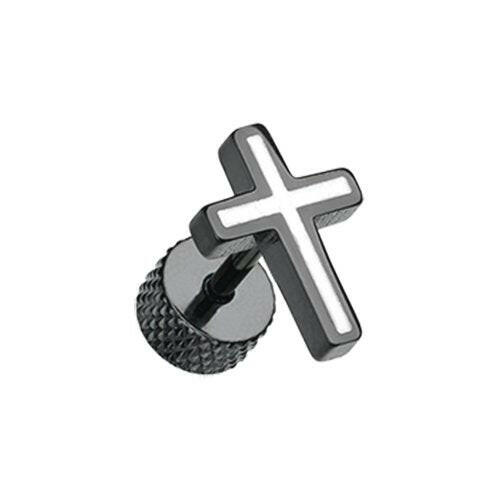 Blackline Cross Embossed Steel Fake Plug Earrings Fake Plug Earrings Impulse Piercings 18 GA (1mm) White