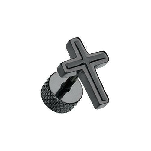 Blackline Cross Embossed Steel Fake Plug Earrings Fake Plug Earrings Impulse Piercings 18 GA (1mm) Black