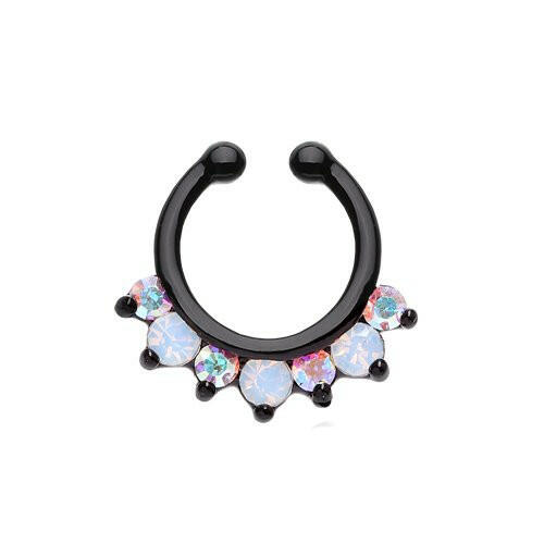 Blackline Prong White Opal Gem Precia Fake Septum Clip-On Ring Fake Septum Ring Impulse Piercings Black/Aurora Borealis/White