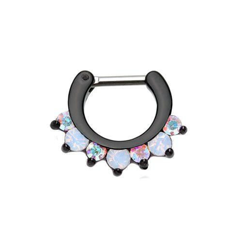 Blackline Prong White Opal Gem Precia Septum Clicker Septum Ring Impulse Piercings 16 GA (1.2mm) 1/4" (6mm) Black/Aurora Borealis/White