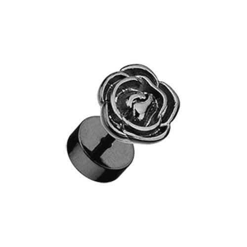 Blackline Rose Blossom Steel Fake Plug Earrings Fake Plug Earrings Impulse Piercings 16 GA (1.2mm) Black