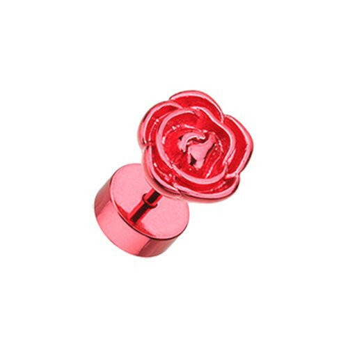 Blackline Rose Blossom Steel Fake Plug Earrings Fake Plug Earrings Impulse Piercings 16 GA (1.2mm) Red