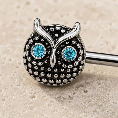 Blue Eyed Owl Nipple Bar 14G Black Plated Pair