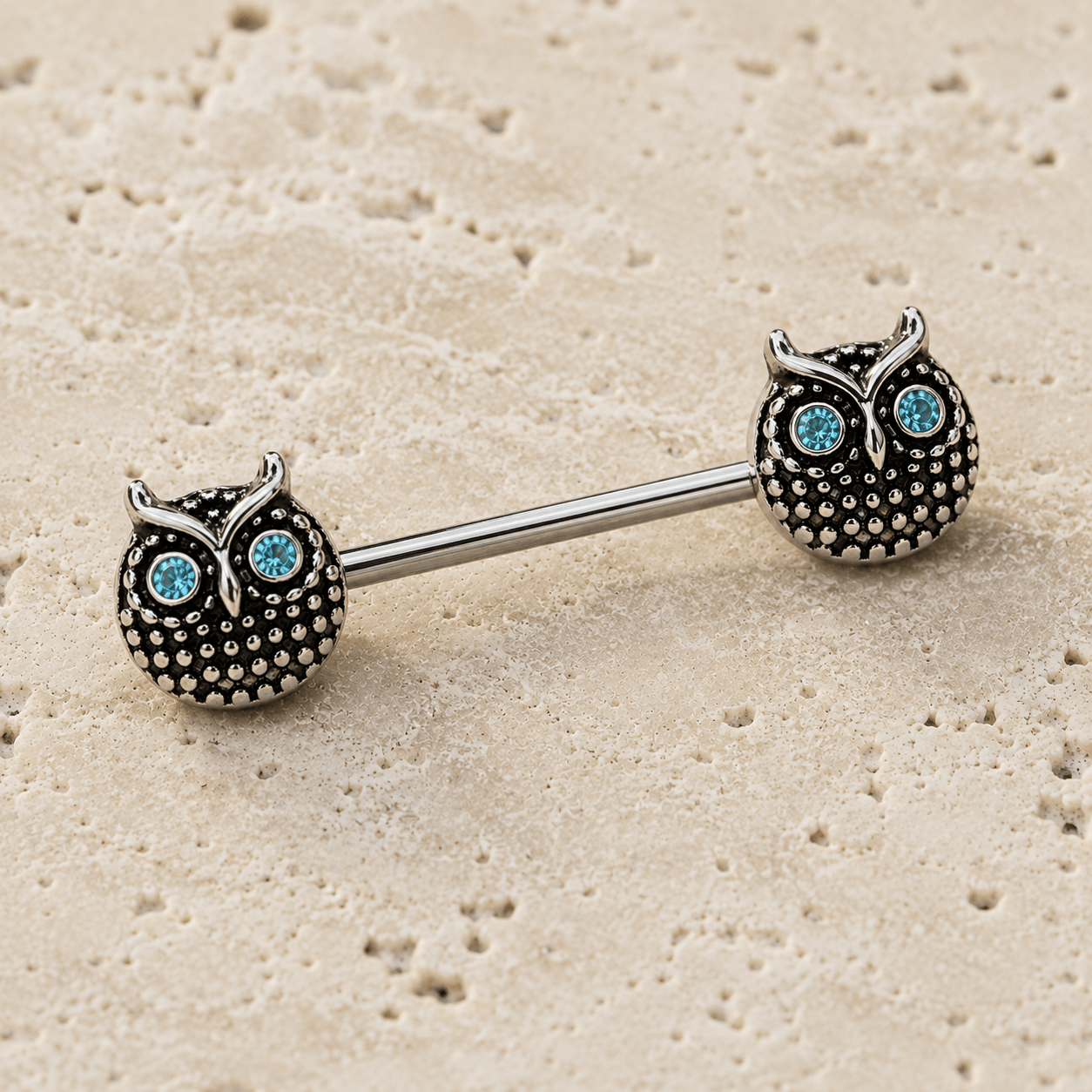 Blue Eyed Owl Nipple Bar 14G Black Plated Pair