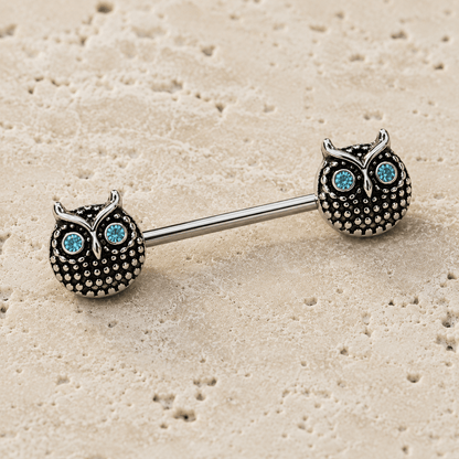 Blue Eyed Owl Nipple Bar 14G Black Plated Pair