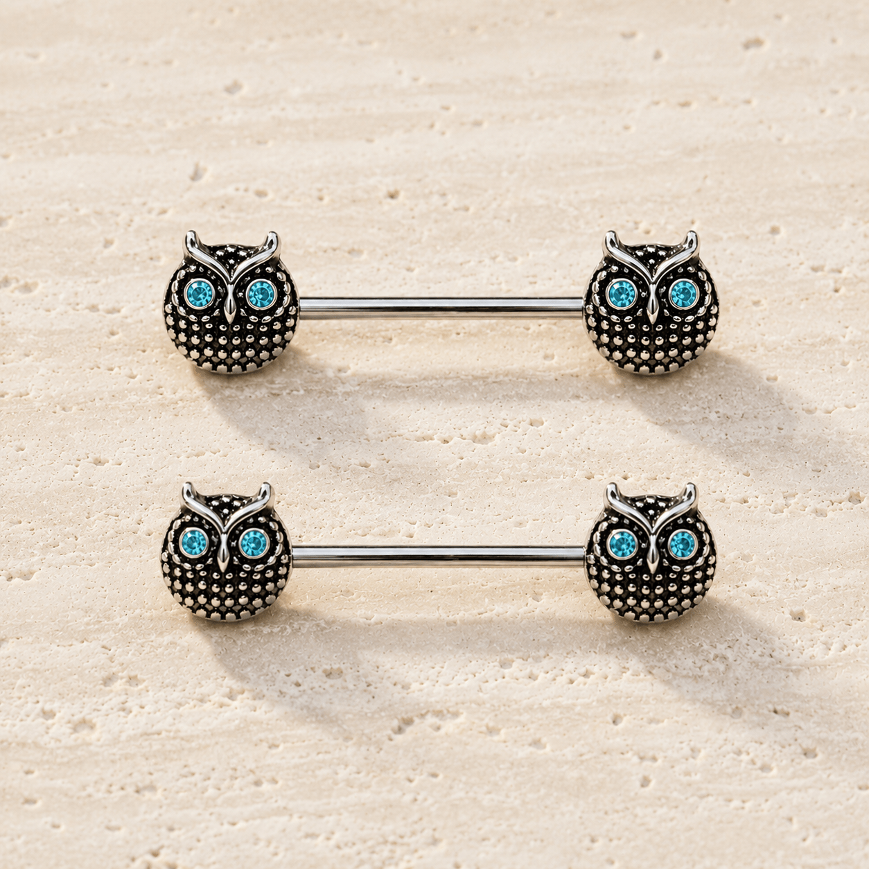 Blue Eyed Owl Nipple Bar 14G Black Plated Pair
