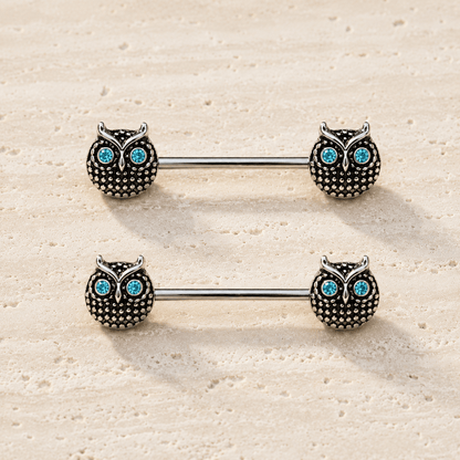 Blue Eyed Owl Nipple Bar 14G Black Plated Pair