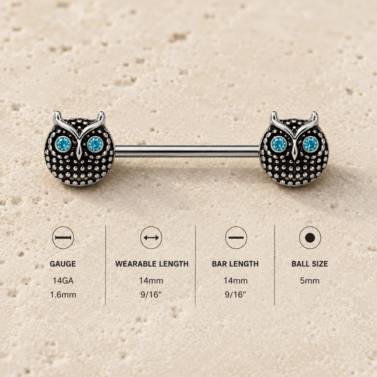 Blue Eyed Owl Nipple Bar 14G Black Plated Pair