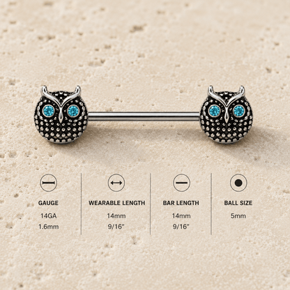 Blue Eyed Owl Nipple Bar 14G Black Plated Pair