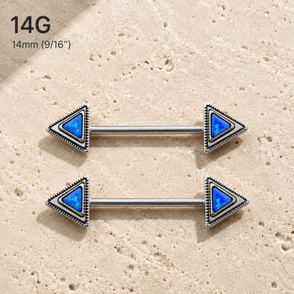 Blue opal triangle nipple bar size chart, 14GA 1.6mm thickness 14mm wearable length 9x9mm triangle
