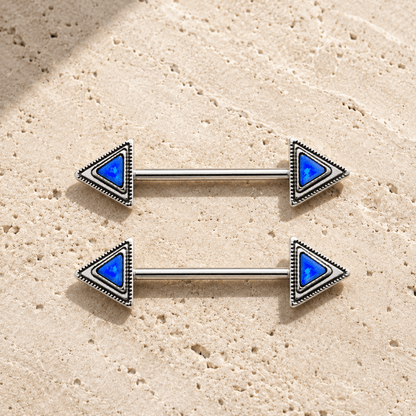 Blue opal triangle nipple bar 14G pair, layered triangle design 316L stainless steel