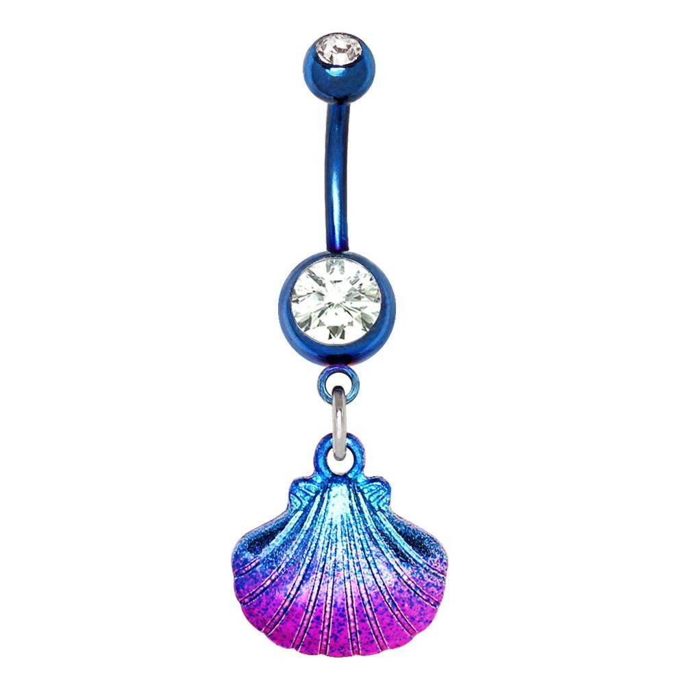 Blue PVD Plated Navel Ring with Blue & Pink Seashell Dangle