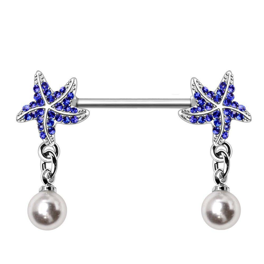 Blue Starfish and Pearl Nipple Bar Nipple Ring Impulse Piercings