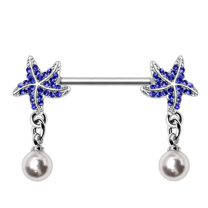 Blue Starfish and Pearl Nipple Bar Nipple Ring Impulse Piercings