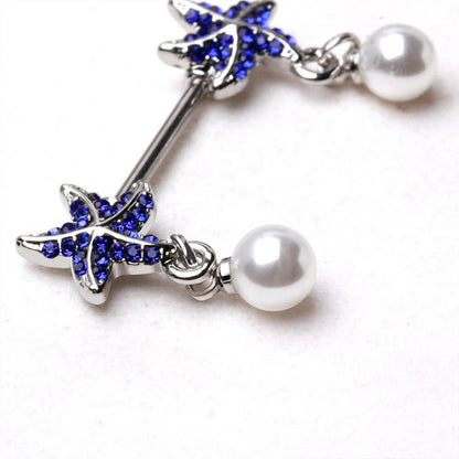 Blue Starfish and Pearl Nipple Bar Nipple Ring Impulse Piercings