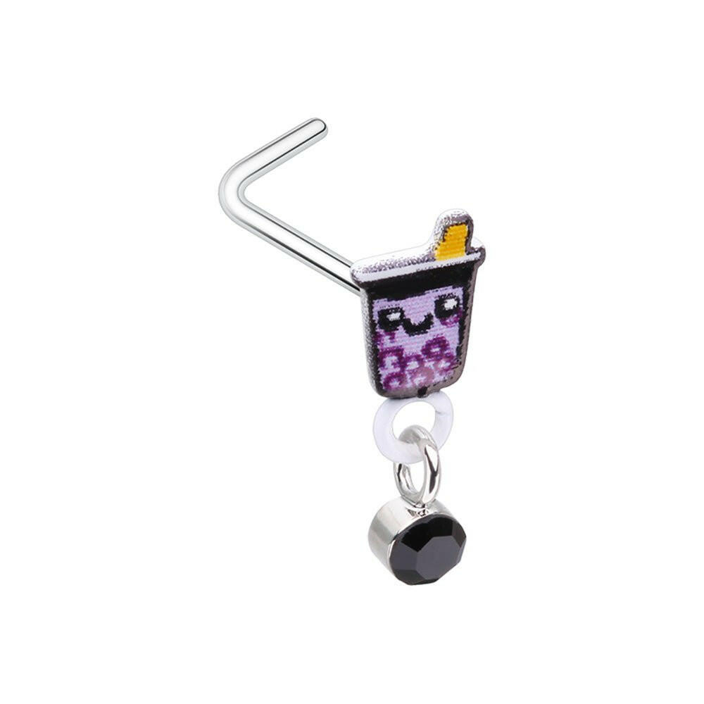 Boba Drink Dangle Gem L-Shape Nose Ring Nose Ring Impulse Piercings 20 GA (0.8mm)/Black