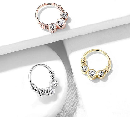 Brass 3 CZ Between Coiled Wire Bendable Hoop Rings for Septum Ear Cartilage Daith Septum Ring Impulse Piercings