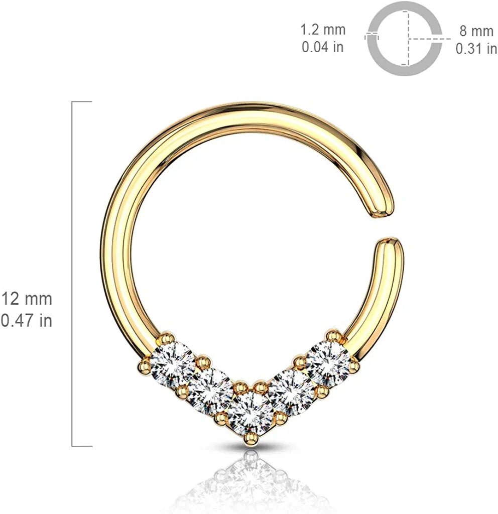 Brass 5 CZ V Shaped on Round Cut Ring for Cartilage Tragus Septum Septum Ring Impulse Piercings