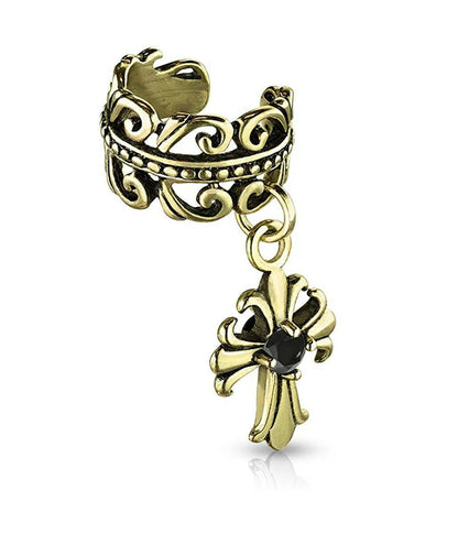 Brass Celtic Heart with Black CZ Centered Fleur De Lis Cross Dangle Non-Piercing Ear Cuff Cuff Earring Impulse Piercings Burnish Gold