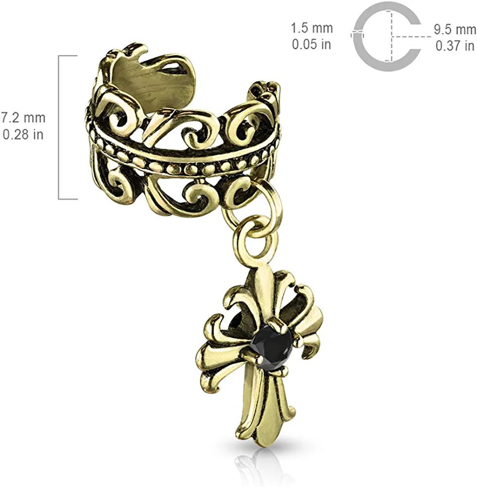 Brass Celtic Heart with Black CZ Centered Fleur De Lis Cross Dangle Non-Piercing Ear Cuff Cuff Earring Impulse Piercings