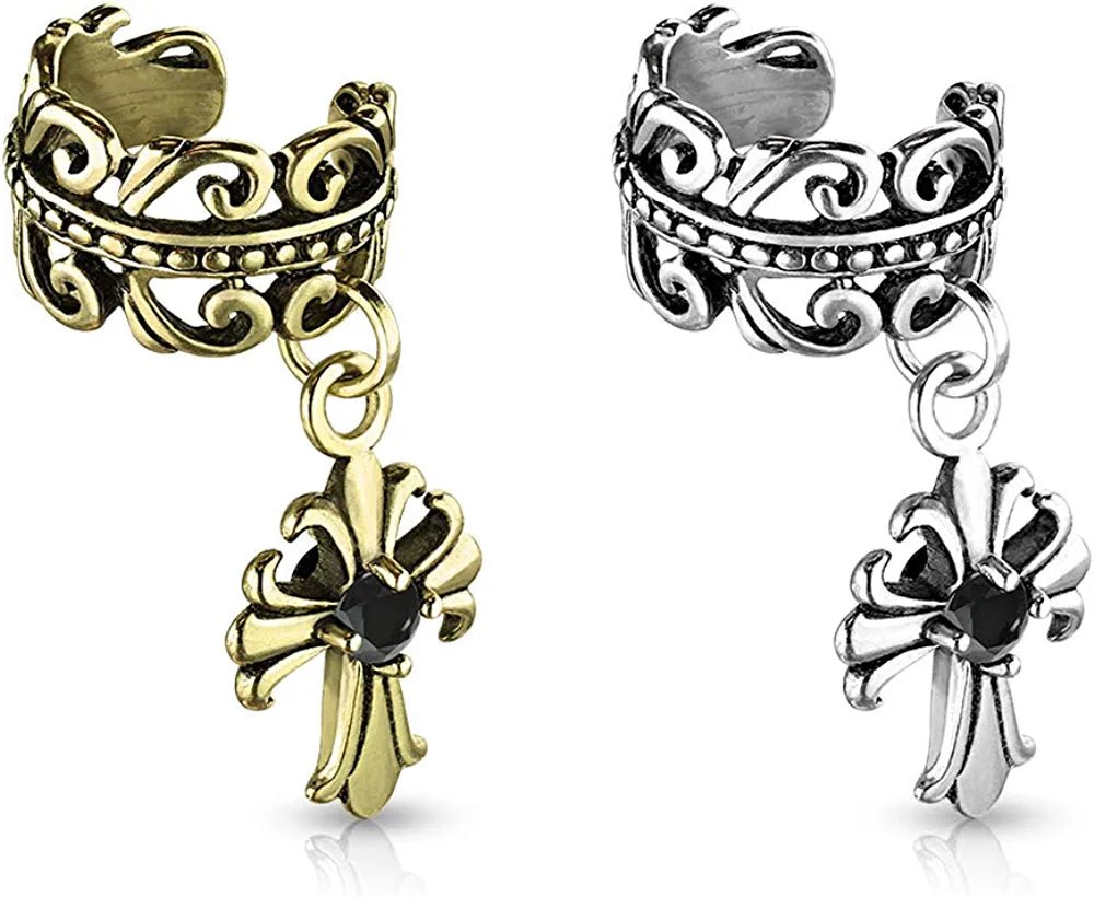 Brass Celtic Heart with Black CZ Centered Fleur De Lis Cross Dangle Non-Piercing Ear Cuff Cuff Earring Impulse Piercings