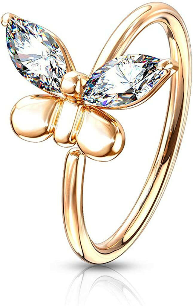 Brass CZ Butterfly Bendable Nose Cartilage Hoop Rings Nose Ring Impulse Piercings Rose Gold