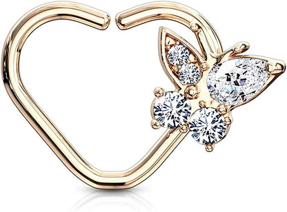 Brass CZ Butterfly Heart Shape Ear Cartilage Daith Hoop Rings Nose Ring Impulse Piercings