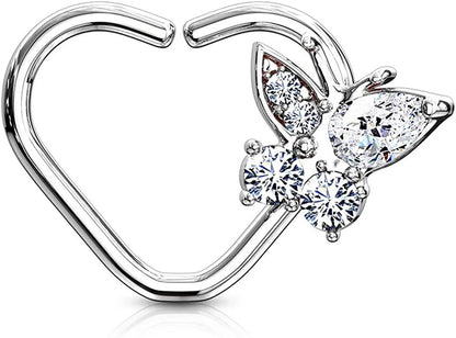 Brass CZ Butterfly Heart Shape Ear Cartilage Daith Hoop Rings Nose Ring Impulse Piercings Left/Clear