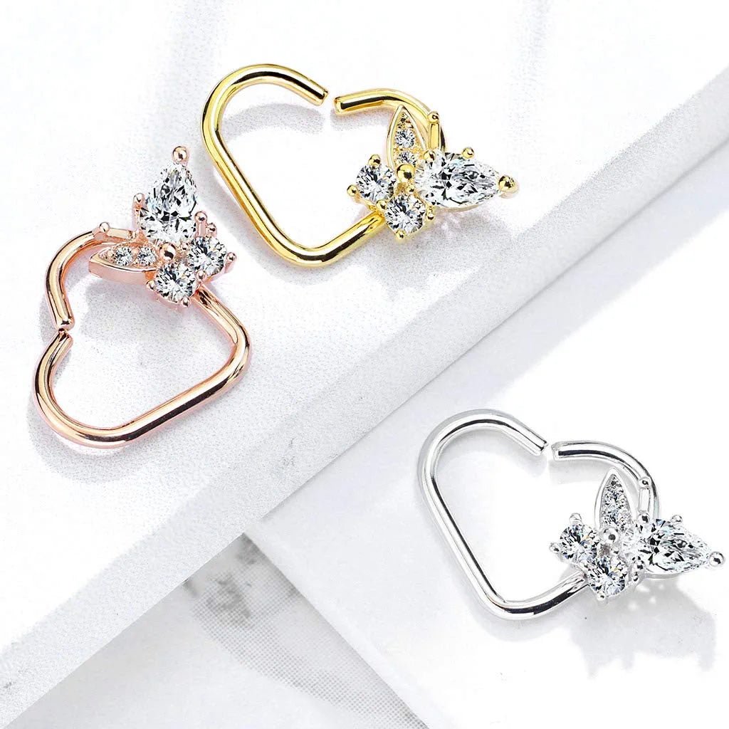 Brass CZ Butterfly Heart Shape Ear Cartilage Daith Hoop Rings Nose Ring Impulse Piercings