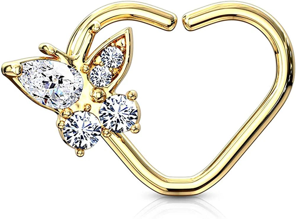 Brass CZ Butterfly Heart Shape Ear Cartilage Daith Hoop Rings Nose Ring Impulse Piercings Left/Gold