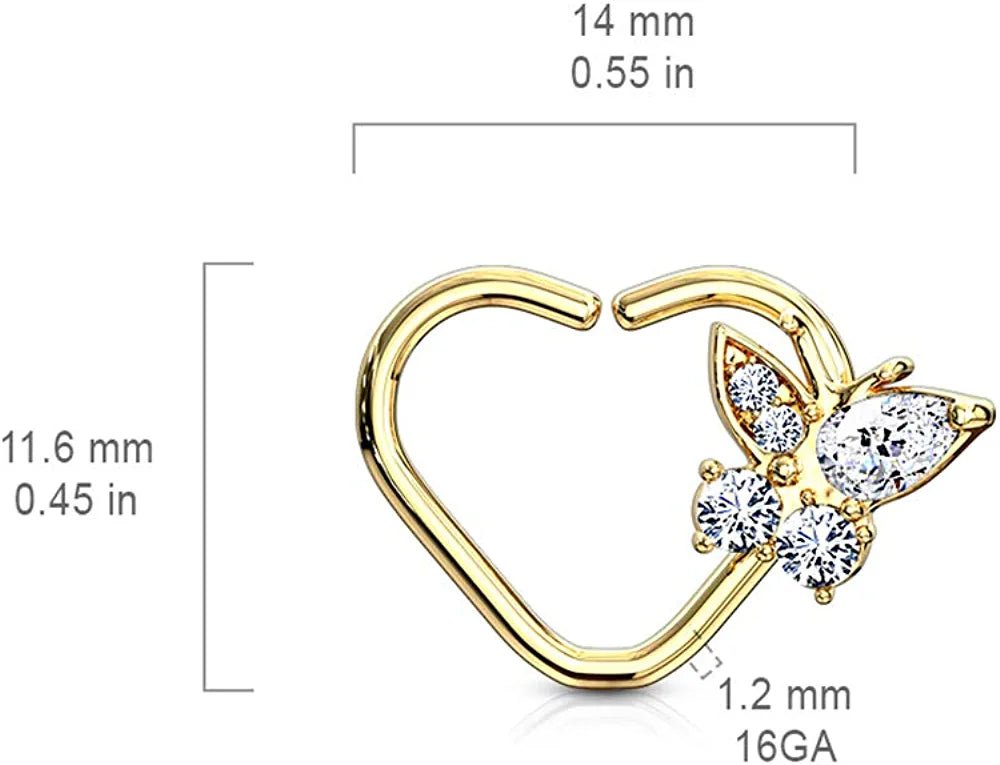 Brass CZ Butterfly Heart Shape Ear Cartilage Daith Hoop Rings Nose Ring Impulse Piercings