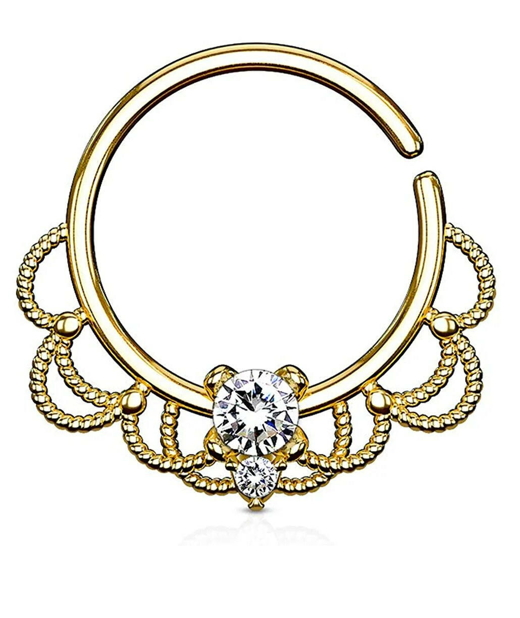 Brass CZ Centered Filigree Bendable Hoop Rings for Nose Septum Daith and Ear Cartilage Septum Ring Impulse Piercings Gold