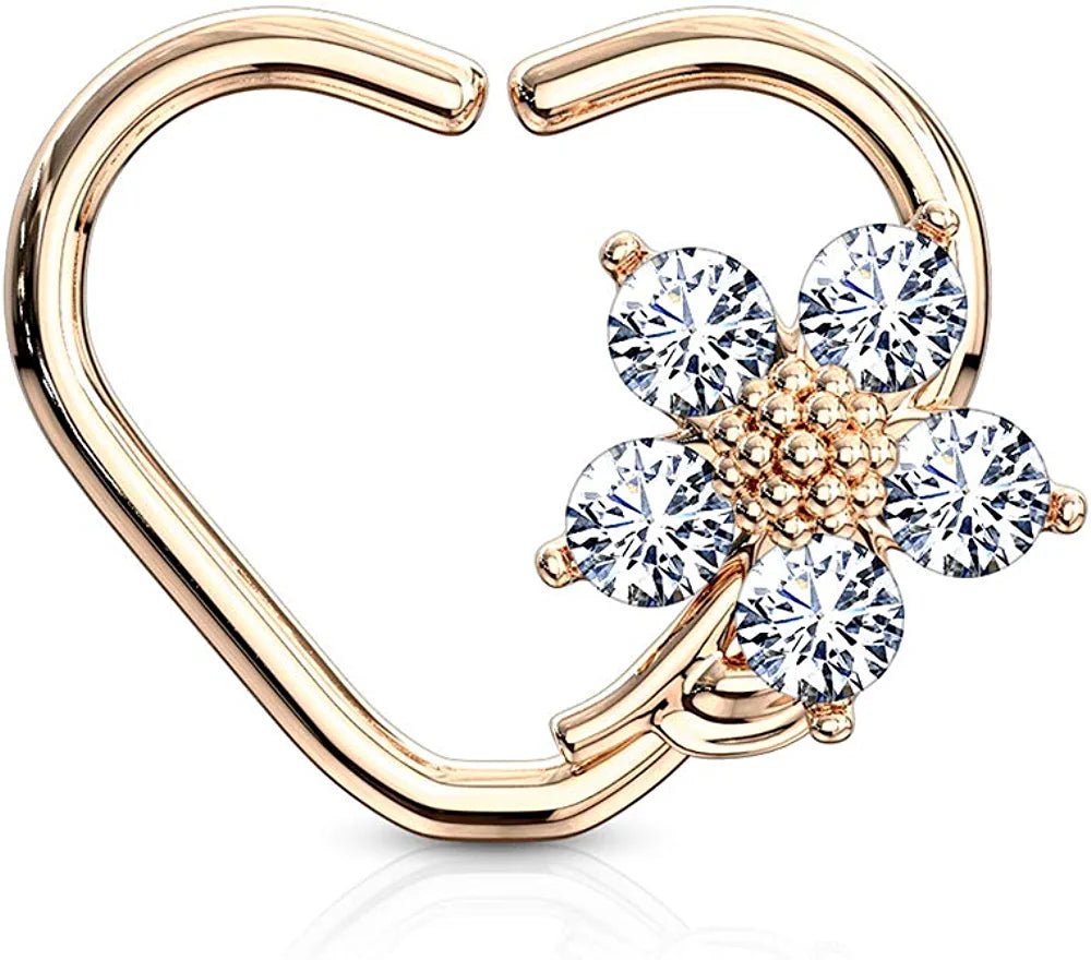 Brass CZ Flower Heart Shape Ear Cartilage Daith Hoop Rings Nose Ring Impulse Piercings Left/Rose Gold