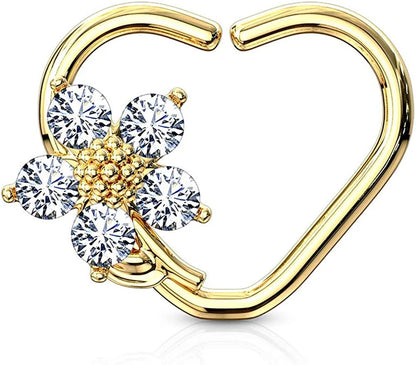 Brass CZ Flower Heart Shape Ear Cartilage Daith Hoop Rings Nose Ring Impulse Piercings Left/Gold