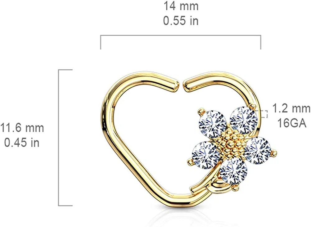 Brass CZ Flower Heart Shape Ear Cartilage Daith Hoop Rings Nose Ring Impulse Piercings