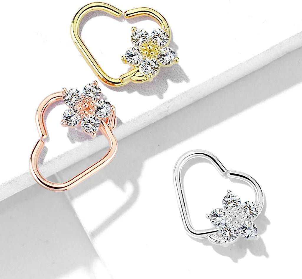 Brass CZ Flower Heart Shape Ear Cartilage Daith Hoop Rings Nose Ring Impulse Piercings