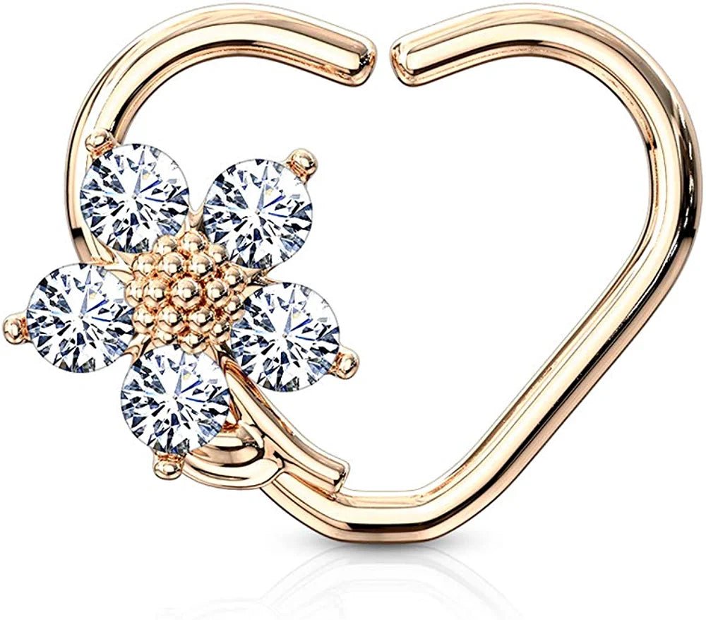 Brass CZ Flower Heart Shape Ear Cartilage Daith Hoop Rings Nose Ring Impulse Piercings