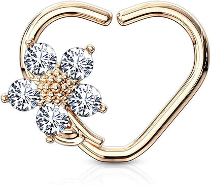 Brass CZ Flower Heart Shape Ear Cartilage Daith Hoop Rings Nose Ring Impulse Piercings