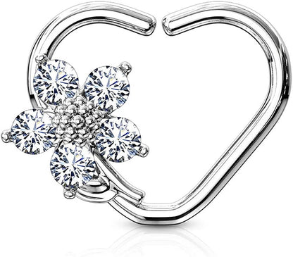 Brass CZ Flower Heart Shape Ear Cartilage Daith Hoop Rings Nose Ring Impulse Piercings Right/Clear