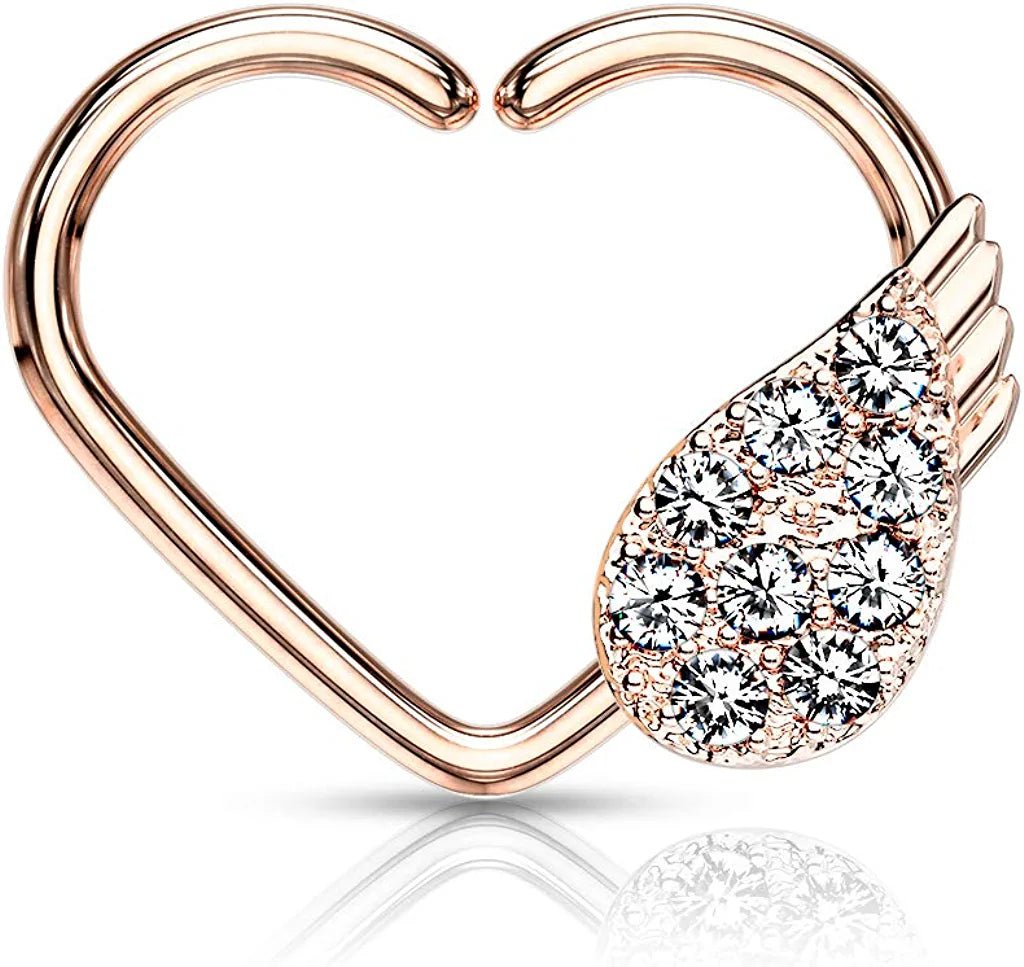 Brass CZ Paved Angel Wing Heart Shape Ear Cartilage Daith Hoop Rings Nose Ring Impulse Piercings Left/Rose Gold