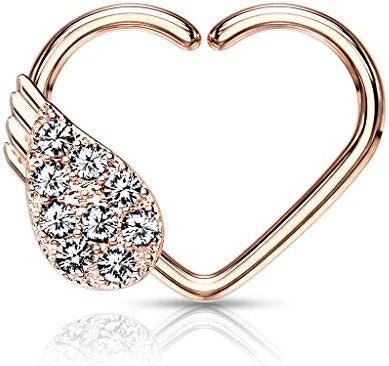 Brass CZ Paved Angel Wing Heart Shape Ear Cartilage Daith Hoop Rings Nose Ring Impulse Piercings Right/Rose Gold