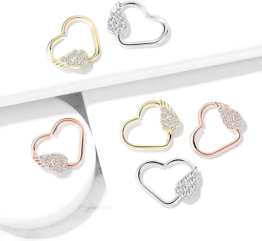 Brass CZ Paved Angel Wing Heart Shape Ear Cartilage Daith Hoop Rings Nose Ring Impulse Piercings