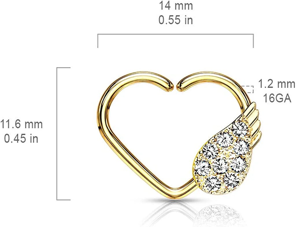 Brass CZ Paved Angel Wing Heart Shape Ear Cartilage Daith Hoop Rings Nose Ring Impulse Piercings