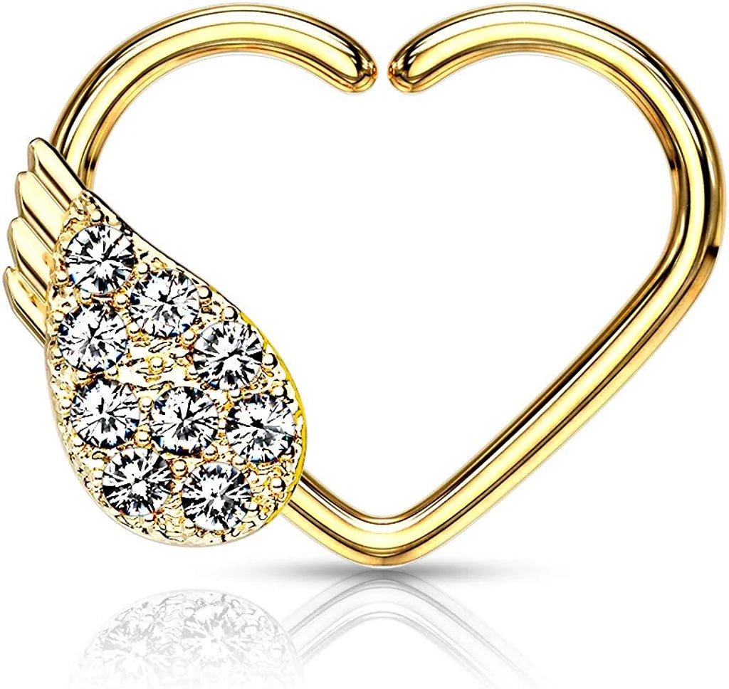 Brass CZ Paved Angel Wing Heart Shape Ear Cartilage Daith Hoop Rings Nose Ring Impulse Piercings Left/Gold