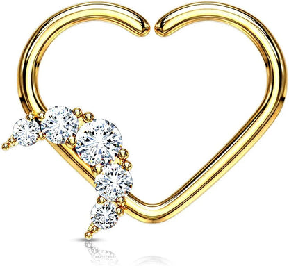 Brass CZ Paved Crescent Heart Shape Ear Cartilage Daith Hoop Rings Nose Ring Impulse Piercings