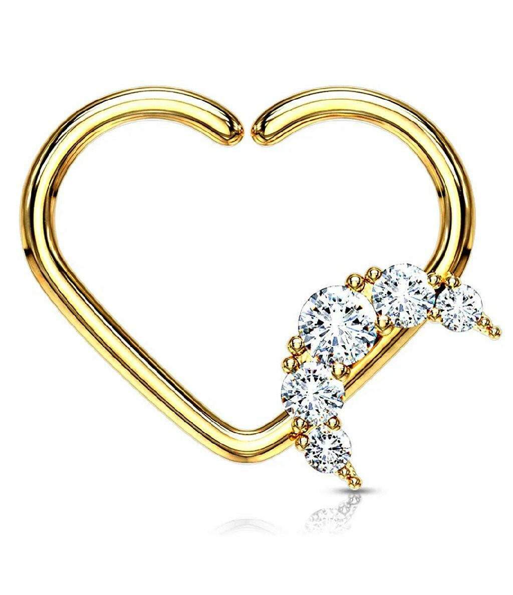 Brass CZ Paved Crescent Heart Shape Ear Cartilage Daith Hoop Rings Nose Ring Impulse Piercings Left/Gold