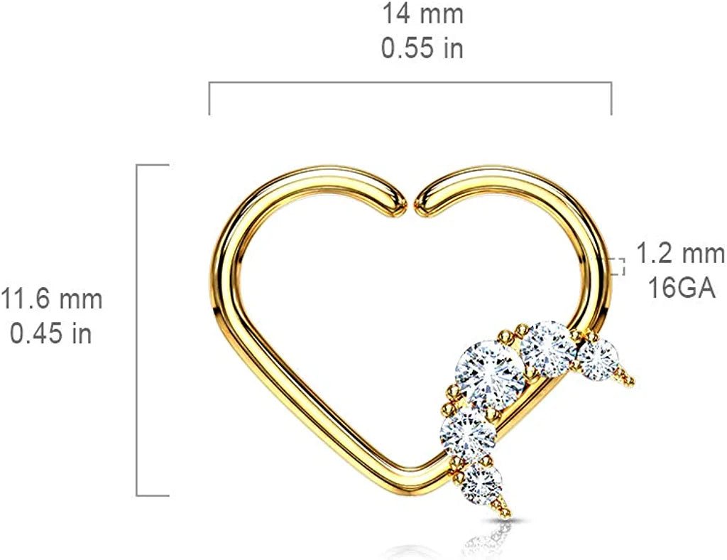 Brass CZ Paved Crescent Heart Shape Ear Cartilage Daith Hoop Rings Nose Ring Impulse Piercings