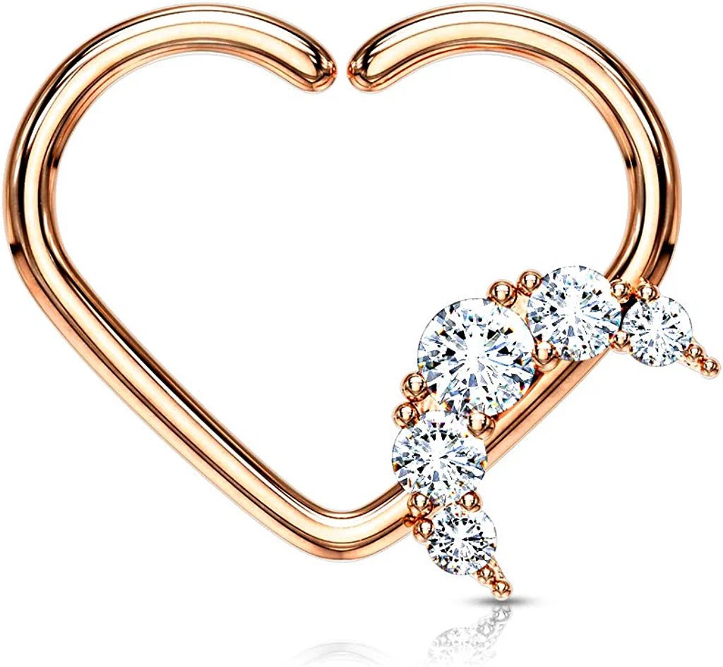 Brass CZ Paved Crescent Heart Shape Ear Cartilage Daith Hoop Rings Nose Ring Impulse Piercings Left/Rose Gold