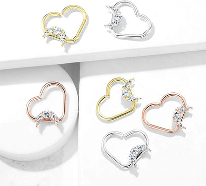 Brass CZ Paved Crescent Heart Shape Ear Cartilage Daith Hoop Rings Nose Ring Impulse Piercings