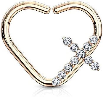 Brass CZ Paved Cross Heart Shape Ear Cartilage Daith Hoop Rings Nose Ring Impulse Piercings Left/Rose Gold